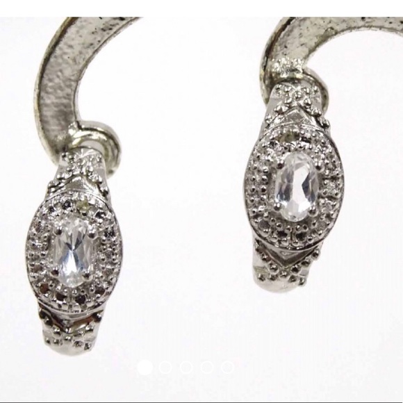 Sterling 925 White Topaz & Diamond Hoop Earrings - Picture 2 of 6